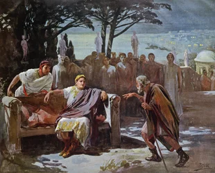 Chilon oskarżający chrześcijan o wzniecenie pożaru w Rzymie, ilustracja z „Quo vadis” Henryka Sienkiewicza (1846-1916) c.1910